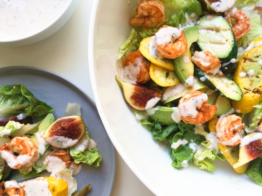 Grilled shrimps, figs and summer squash salad recipe