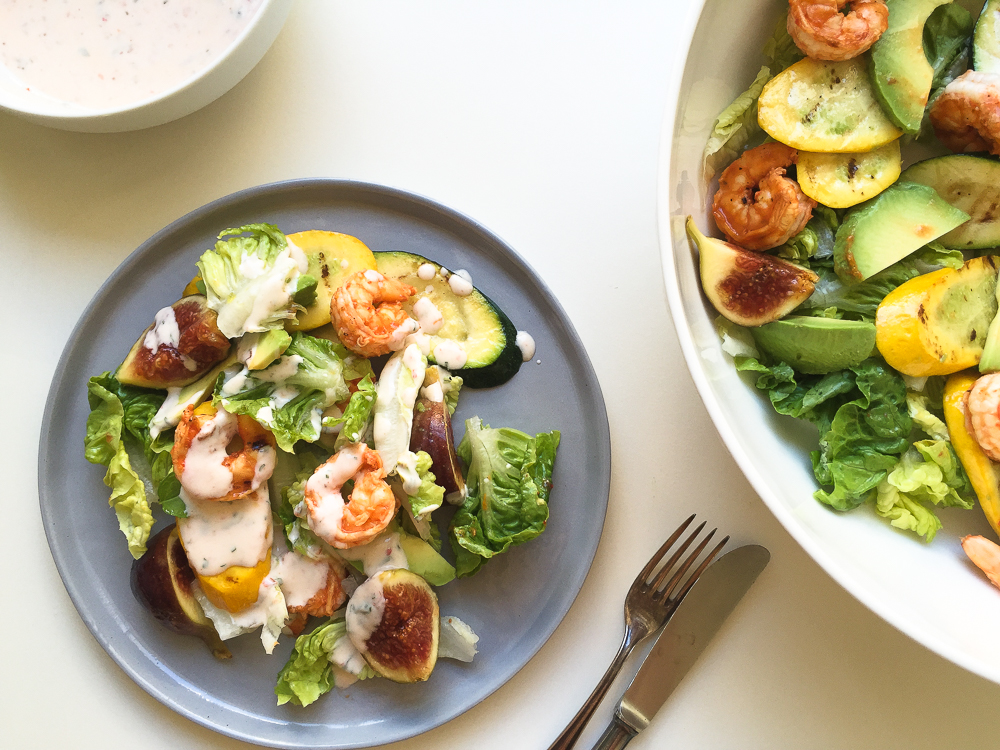 Grilled shrimps, figs and summer squash salad recipe